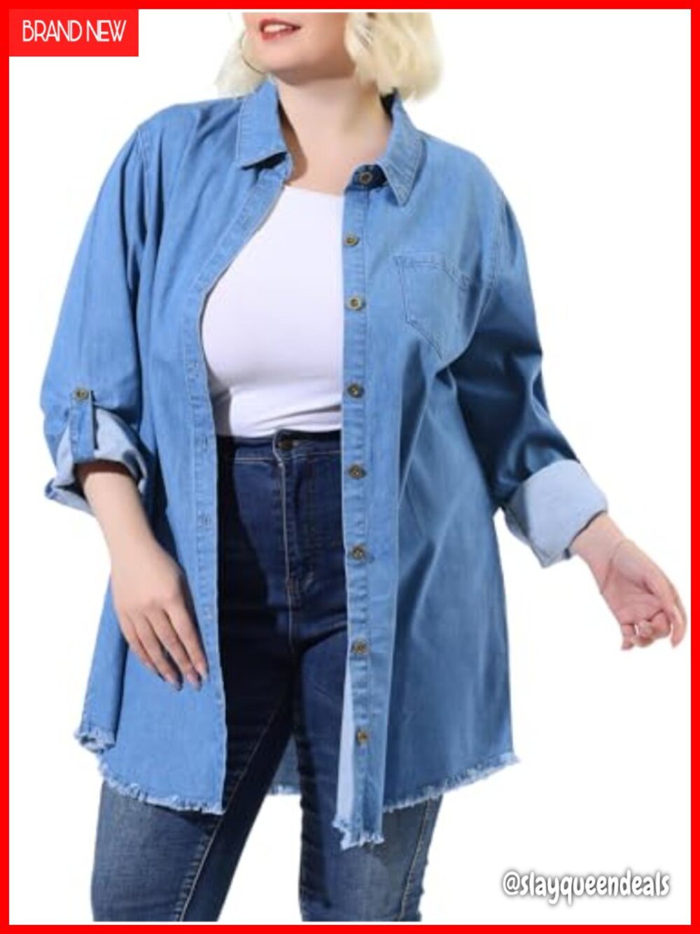 Plus Size Chambray Button Down Shirt Women Long Sleeve Boyfriend Fit Denim Top